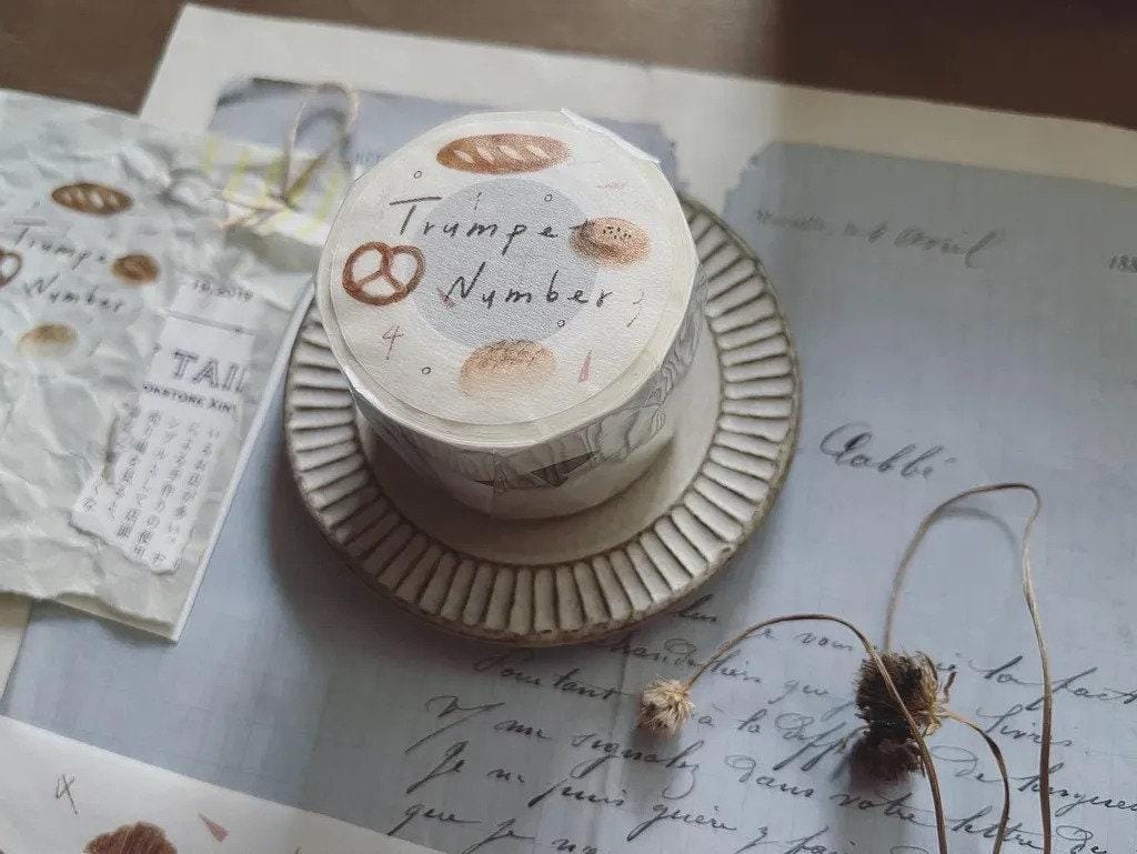 Trumpet Numbers & Bread - Washi masking tape by Avocado Mori with gold foil details (Nordic, Rare, Minimalism)