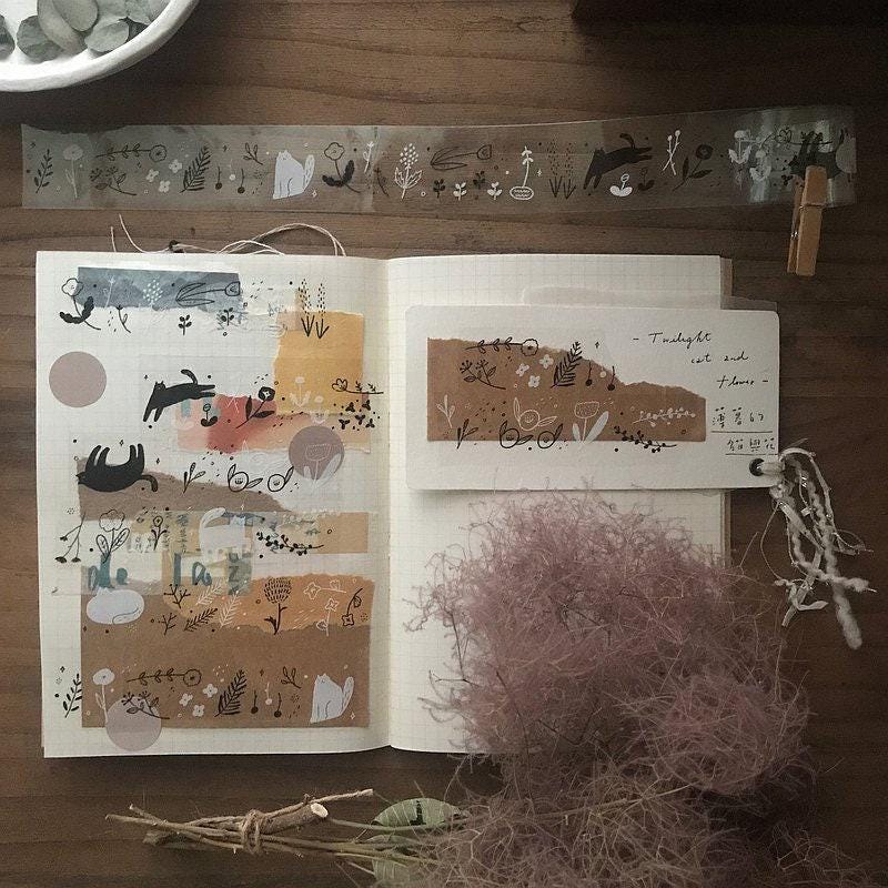 Twilight Cats and Flowers - PET masking tape by Avocado Mori (Nordic, Rare, Minimalist, Monochrome)