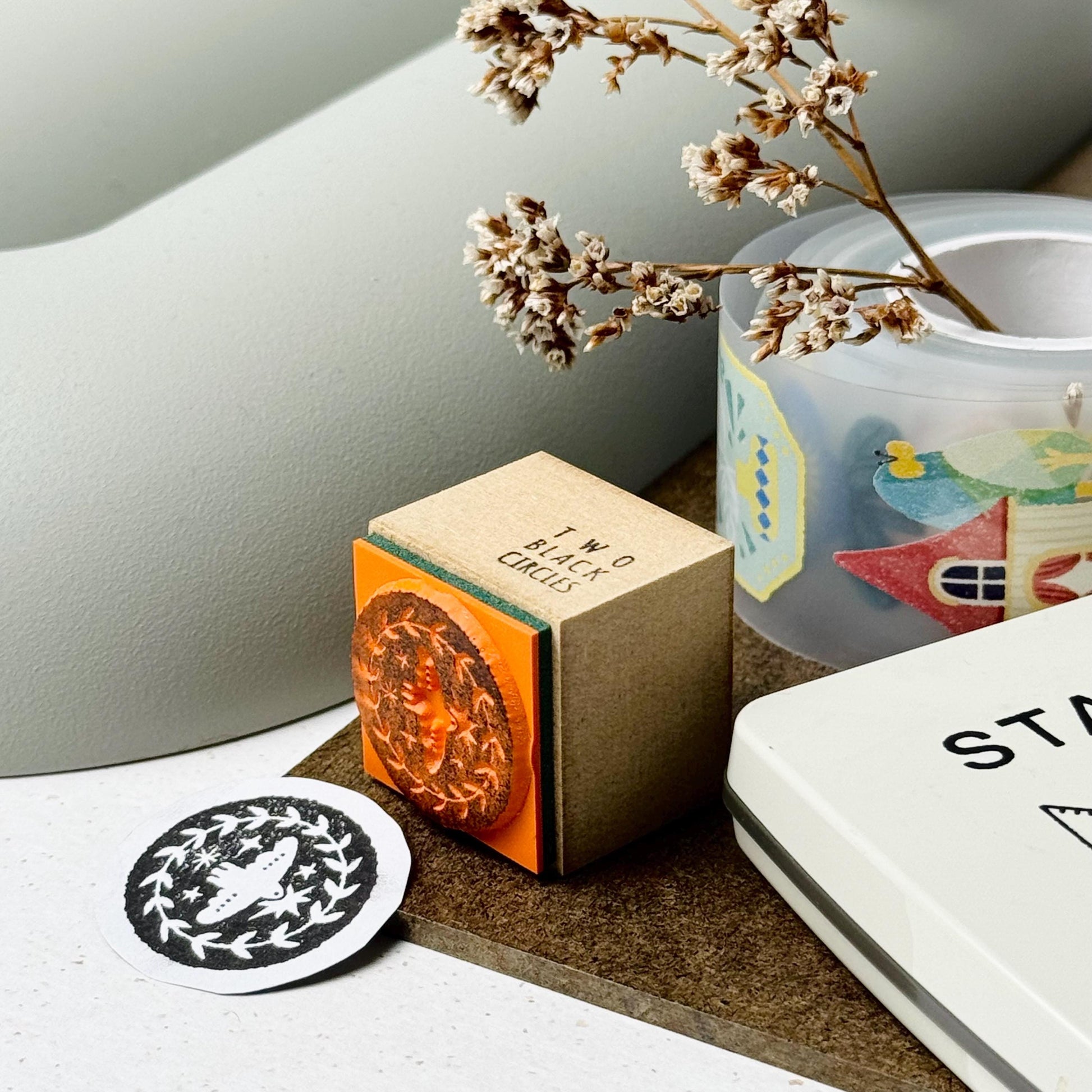 Nordic Collage - 'Bird in Circle' Wooden Stamp by Two Black Circles (Rare)