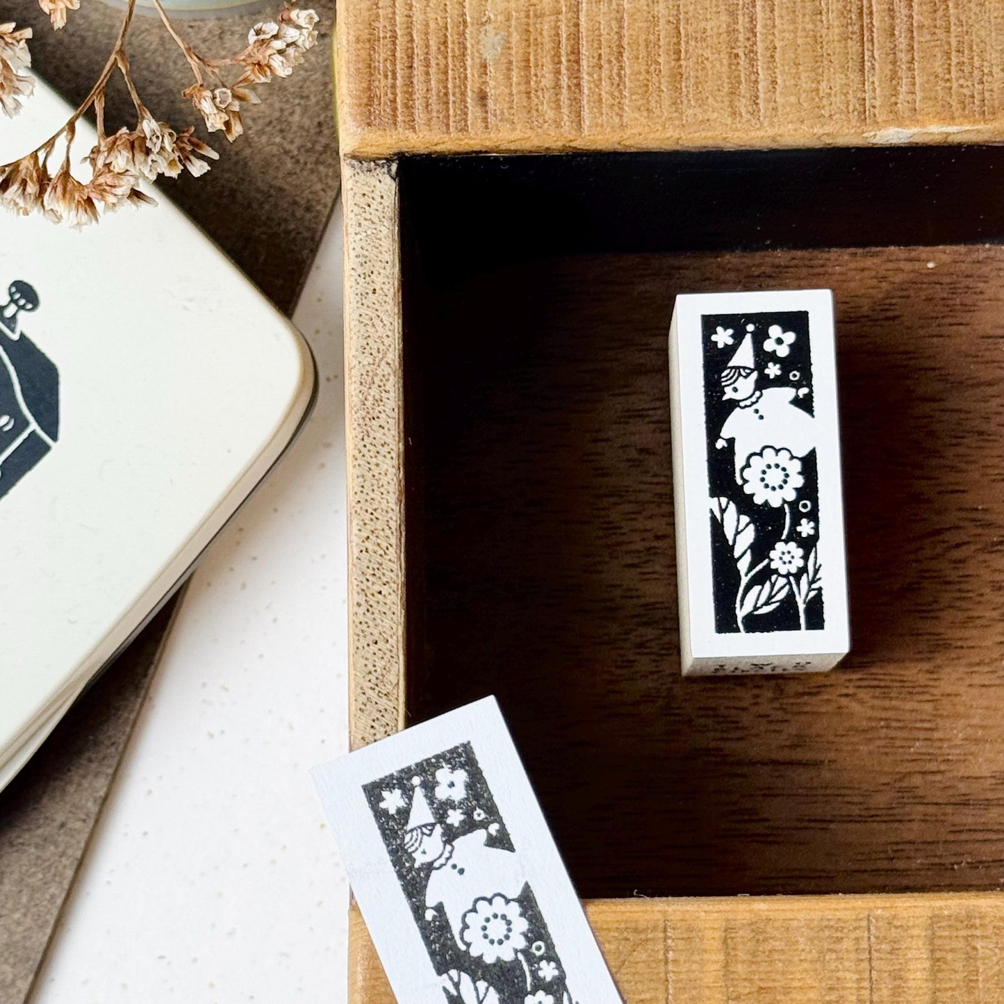 Nordic Collage - 'Little Elf & Flowers' Wooden Stamp by Two Black Circles (Rare)