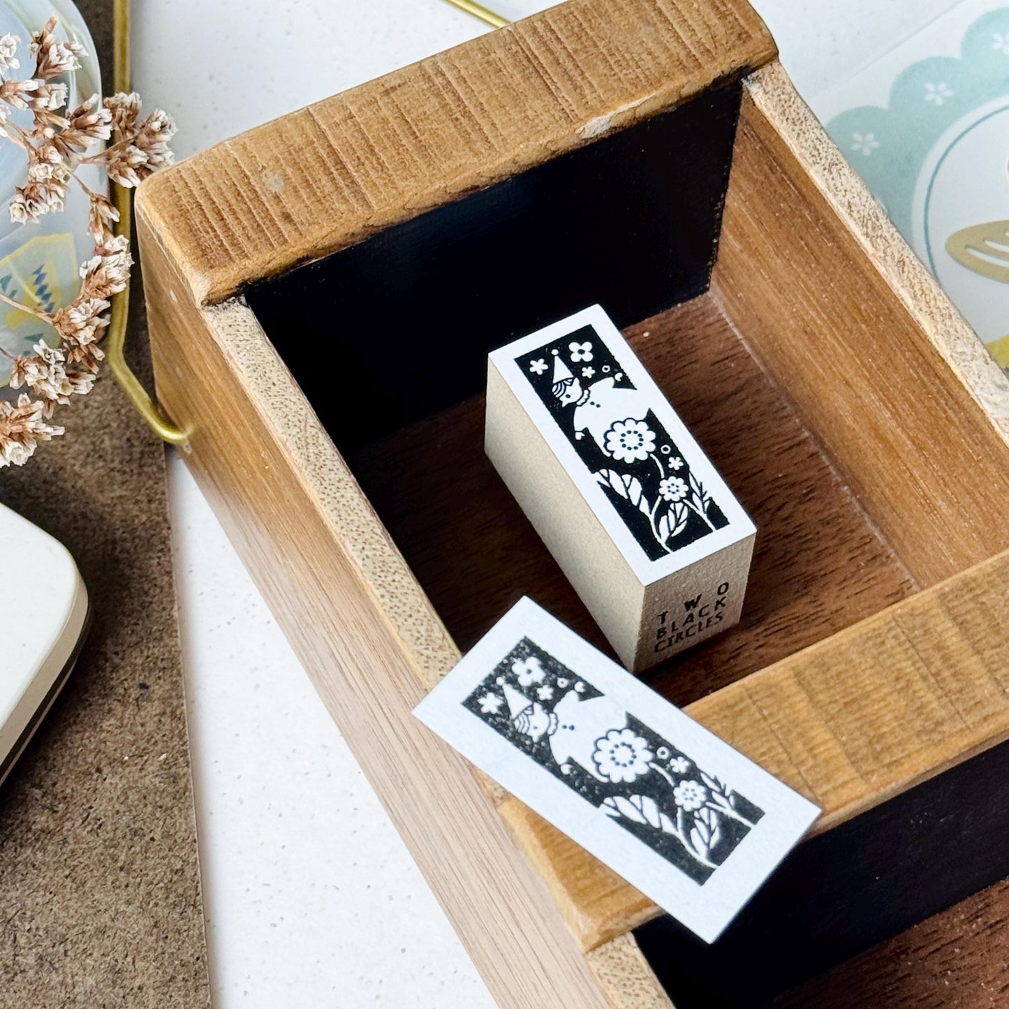 Nordic Collage - 'Little Elf & Flowers' Wooden Stamp by Two Black Circles (Rare)