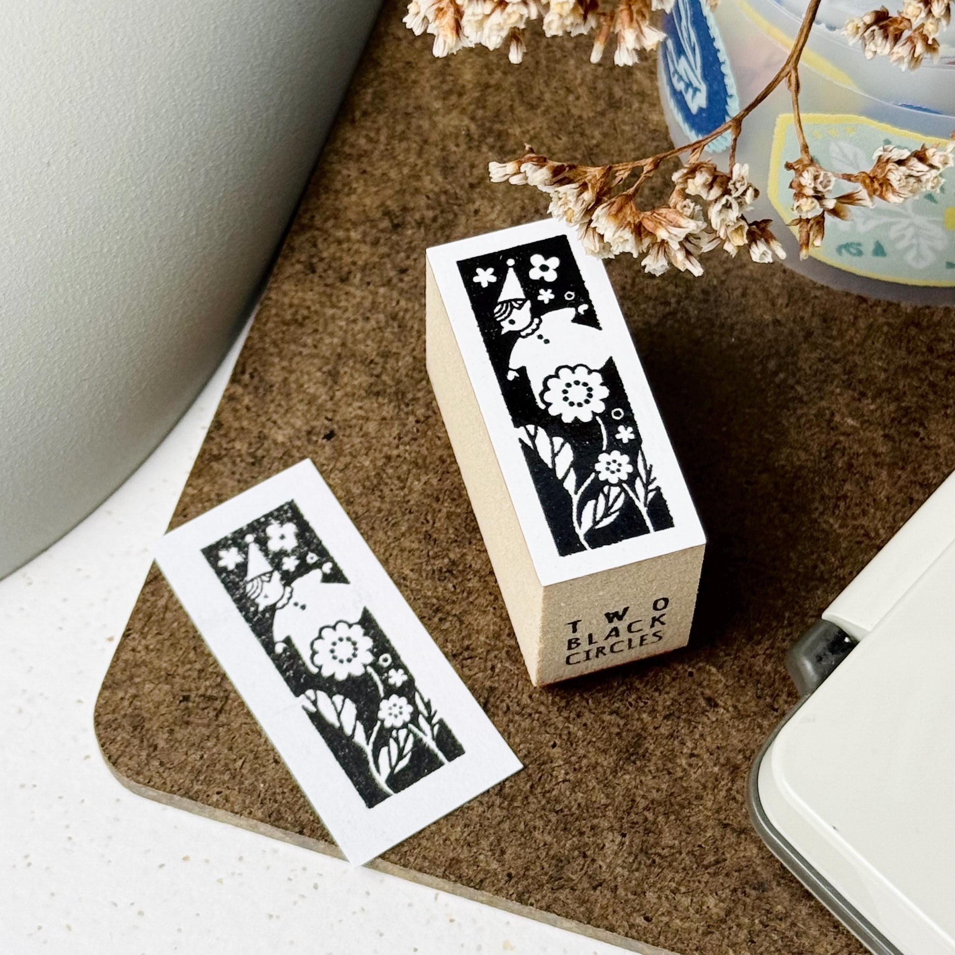 Nordic Collage - 'Little Elf & Flowers' Wooden Stamp by Two Black Circles (Rare)