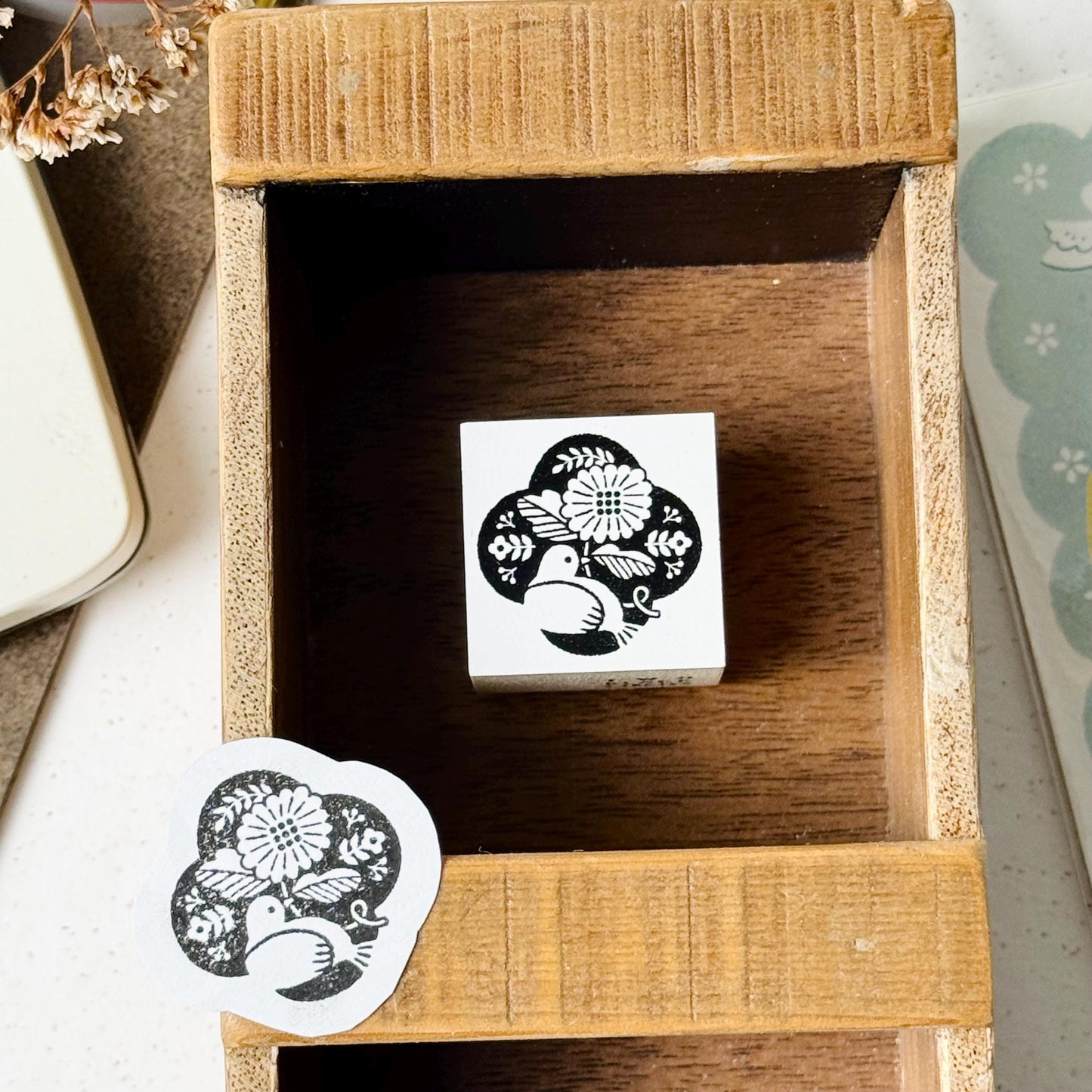 Nordic Collage - 'Bird in Flowers' Wooden Stamp by Two Black Circles (Rare)