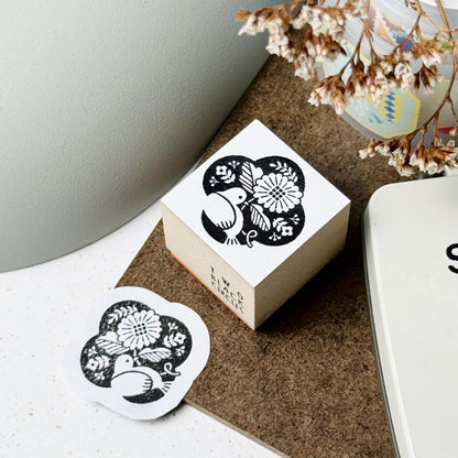 Nordic Collage - 'Bird in Flowers' Wooden Stamp by Two Black Circles (Rare)