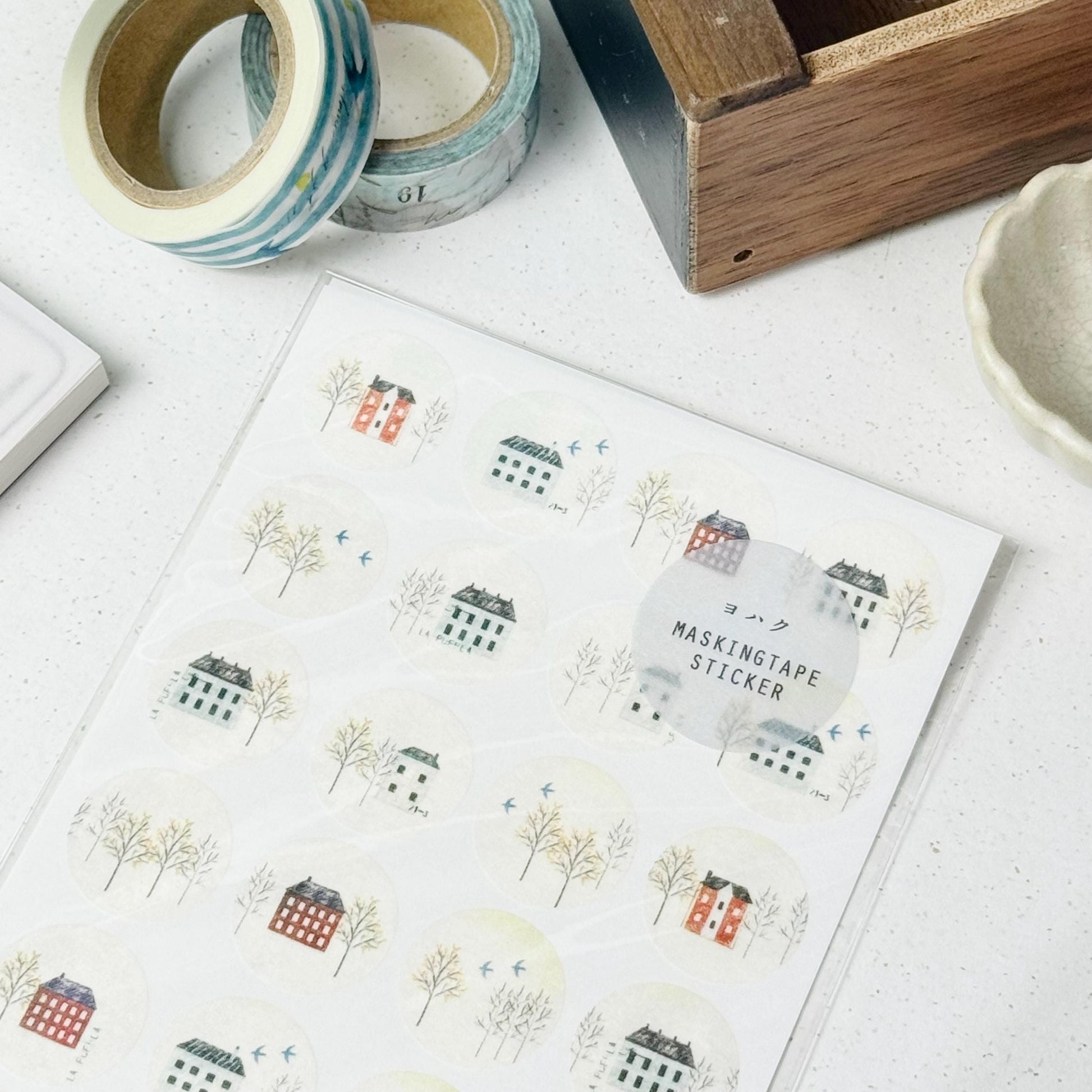 Circle Washi Sticker 'Winter Street Corner' M-080 by Yohaku (Rare, Postal, Modern elegant)