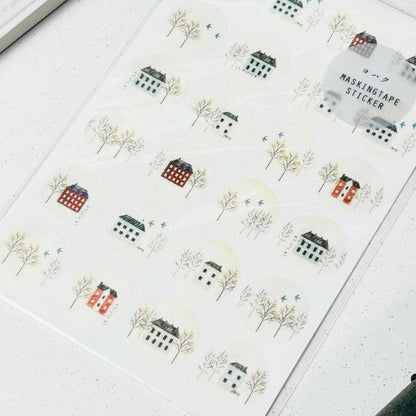 Circle Washi Sticker 'Winter Street Corner' M-080 by Yohaku (Rare, Postal, Modern elegant)