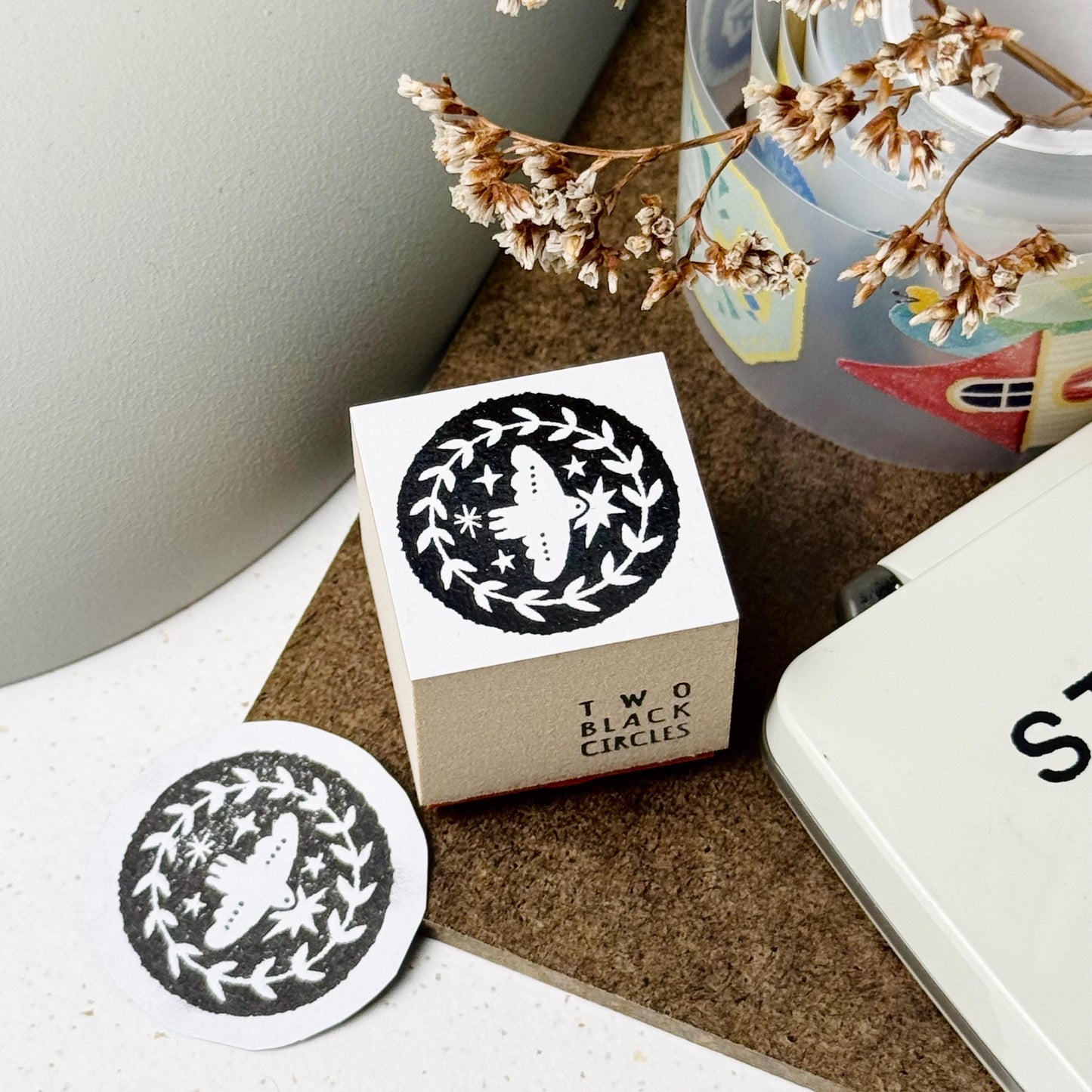 Nordic Collage - 'Bird in Circle' Wooden Stamp by Two Black Circles (Rare)