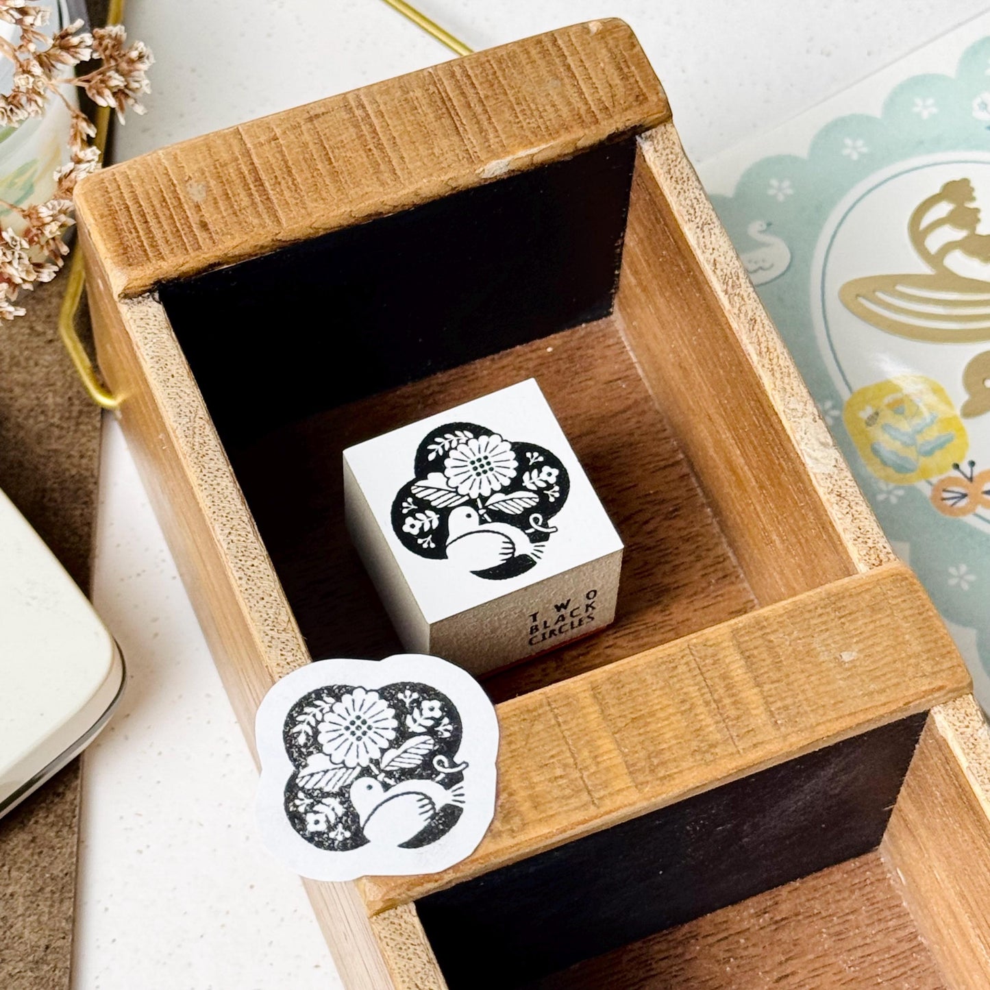 Nordic Collage - 'Bird in Flowers' Wooden Stamp by Two Black Circles (Rare)