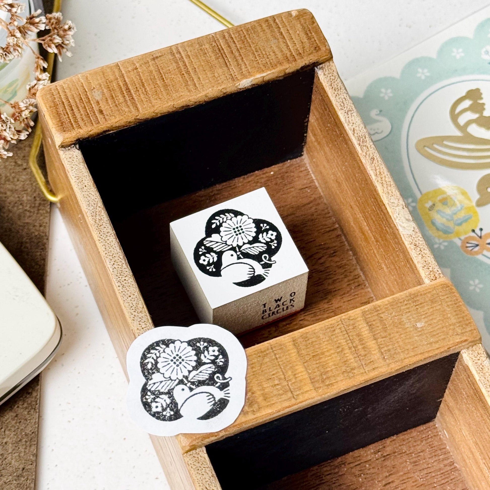 Nordic Collage - 'Bird in Flowers' Wooden Stamp by Two Black Circles (Rare)