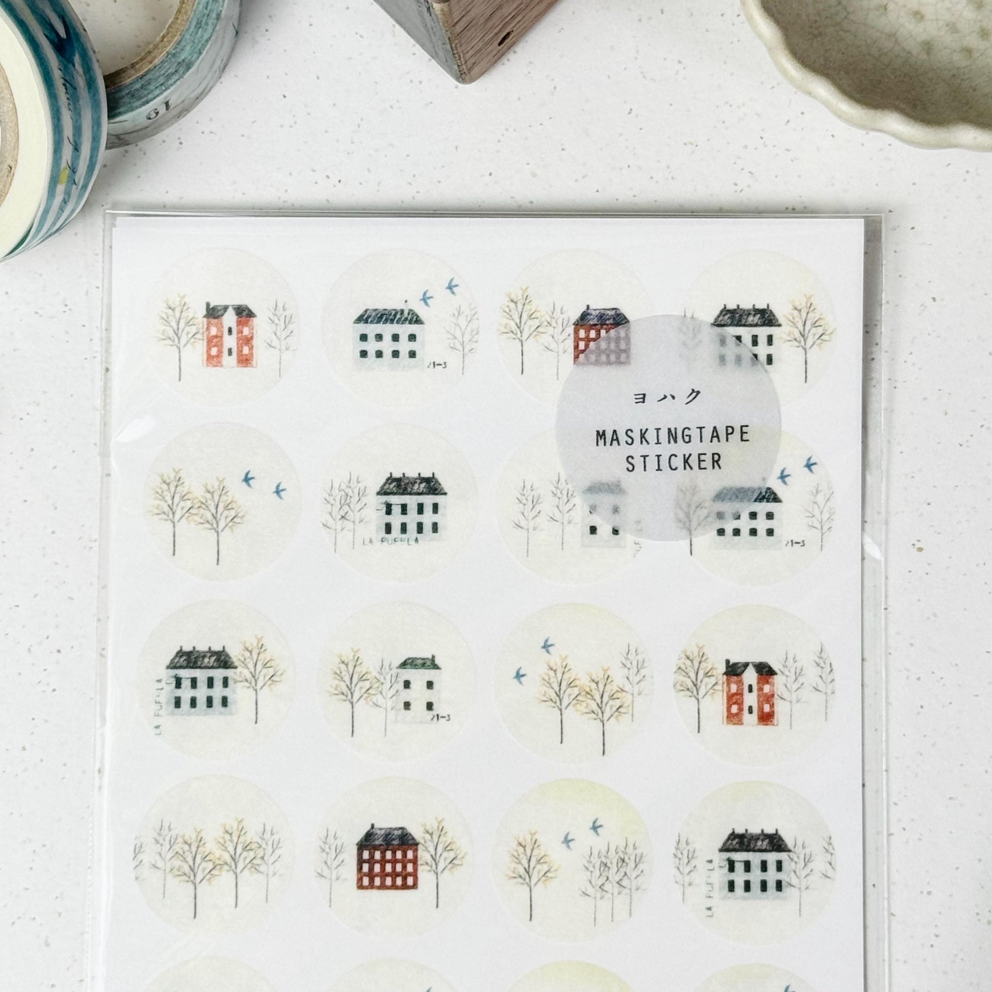 Circle Washi Sticker 'Winter Street Corner' M-080 by Yohaku (Rare, Postal, Modern elegant)